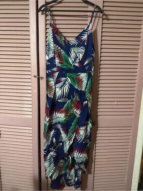 Navy Tropical Leaf Maxi Dress with Green & Red Accents